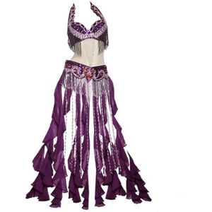 purpleq Dames Buikbuik Carnaval Dansjurk Professionele Indiase Bollywood Halloween BH en Riem Zeemeermin Kostuum 2-delig, paars, L