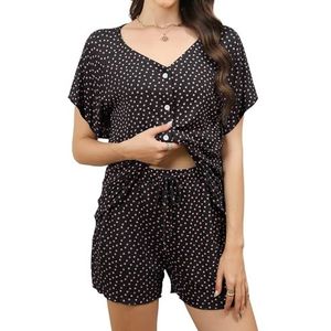 Pyjama's Dames met Knoopsluiting Geribbelde Katoenen Pyjama's Dames Korte V-hals Tweedelig T-shirt en Shorts met Bloemenprint Loungeset Korte Mouw Bijpassende Pyjama Vrijetijdspak