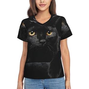RBAZYFXUJ T-shirt met korte mouwen, kattenpatroon, zwarte kat T-shirt, V-hals, casual zomertops voor dames, Zoals getoond, 3XL