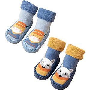 Adorel Baby Jongens Soksloffen Antislip met Badstof 2-Pak Kat & Blauwe Vos 19-21 EU (Fabrikant Maat 13)