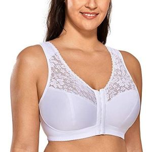 DELIMIRA Dames volledig dekkende beha Met Voorsluiting Racerback Plus Maat Volledige Dekking Draadloze Bh comfortabele Lace Bh's wit 100B