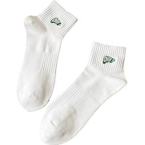 Katoenen sokken for heren, lente en zomer, korte sokken met geborduurde letters, effen sportbootsokken, zweetabsorberende sokken (5 paar)(Color:White)