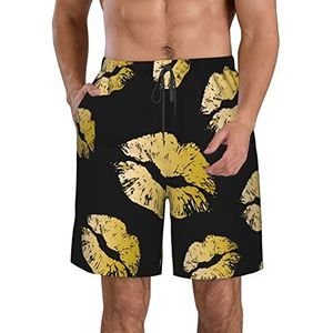 PHTZEZFC Strandshorts voor heren, met goudkleurige lippen-print, zomershorts met sneldrogende technologie, licht en casual, Wit, XL