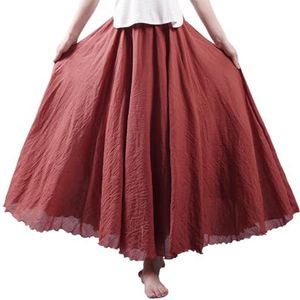 BEAUTYLAST Boheemse katoenen linnen rok voor dames, elastische taille, lange vloeiende casual maxi-rok voor zomer, strandvakantie, Roest Rood, 85CM-Length