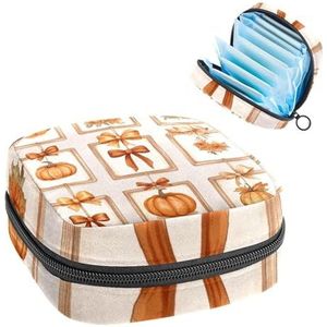 Opbergtas voor maandverband, herfstpompoenen, strikken en lintpatroon, draagbare maandverband, inlegkruisjes, tampons, maandverband, opberghouder voor vrouwen, school, kantoor