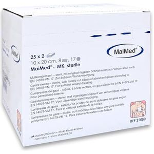 MaiMed Steriele kompressen, 10 x 20 cm, 50 stuks gaascompressen, 8-laags, pluisvrij, gaasdoekjes, steriel en wondkussens, niet hechtend voor verband en verzorging