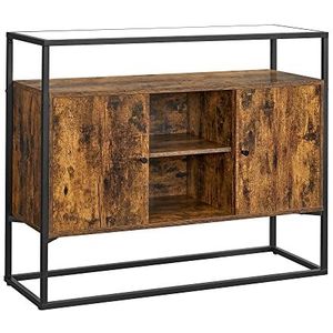 VASAGLE dressoir, zijkast, dressoir, keukenkast met glazen oppervlak en open vakken, woonkamer, hal, stabiel stalen frame, gehard glas, industrieel ontwerp, vintage bruin-zwart LSC014B01