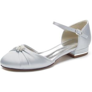 Dames Satijnen Pumps Enkelbandje Gesloten Teen Flats Comfort Lage Hak Avond Werk Trouwjurk Schoenen,Zilver,36 EU
