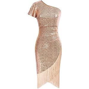 Belle Poque Kokerjurk voor dames, paillettenjurk met franjes, een schouderjurk, cocktailjurk, avondjurk, roze, L