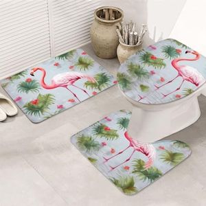VTCTOASY Witte Flamingo Print Badkamer Tapijten Sets 3 Stuk Absorberend Toilet Deksel Cover Antislip U-vormige Contour Mat voor Toilet Badkamer