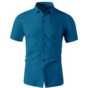 UBOHUZ Heren shirt met korte mouwen voor heren, zakelijk, casual, effen kleur, shirt met korte mouwen voor de zomer, strijkvrij, comfortabele en veelzijdige top voor vrije tijd, meerblauw, 4XL
