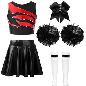 Cheleader-Uniformen Kinderen Meisjes Cheleader-Jurken Mouwloze Cheleader-Uniform Patchwork Crop Top Metallic Rok Hoofddeksels Handbloemensokken (Kleur: A Rood Wit, Maat: