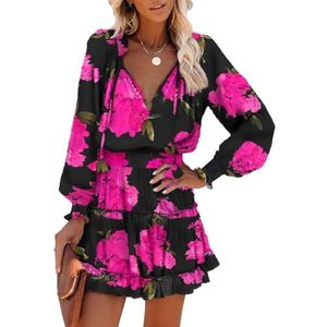 yk8fass Jurk met lange mouwen en print jr-5289, Rozenrode bloemen, S