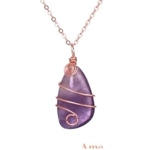 Kristallen ketting Natuursteen Draadwikkel Kristallen Hanger Steen Rose Goud Kleur Ketting for Vrouwen Amethisten Quartz Sieraden (Color : Amethyst)