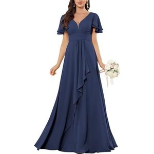 HPPEE Flutter Mouw V-hals Chiffon Bruidsmeisjesjurken voor Vrouwen Ruches A-lijn Maid of Honor Formele Avondjurk, Donkerblauw, 32