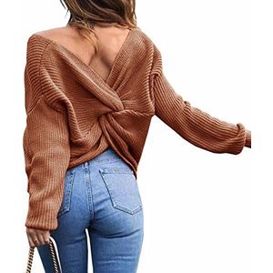 Dames winter lente sexy casual V-hals pullover losse rugvrije vleermuis batwing rug kruis lange mouwen sweater gebreide trui, koffie, One Size Grote Maten