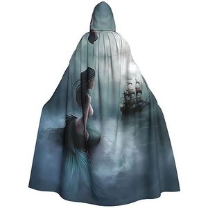 OPSREY Zeemeermin Meisje En Zeilen Op Zee Piraat Schip Gedrukt Volwassen Hooded Poncho Volledige Lengte Mantel Gewaad Party Decoratie Accessoires