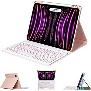 Toetsenbordhoes voor iPad Air 11"" M2 2024, Pro 11 inch 2022/2021/2020/2018 en Air4/Air5 10.9 (2022/2020), 7-Kleuren Achtergrondverlicht Afneembaar Draadloos Toetsenbord Met Penhouder,Roze