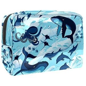 Draagbare Make-up Tas met Rits Reizen Toilettas voor Vrouwen Handige Opslag Cosmetische Pouch Ocean Shark Blue Octopus