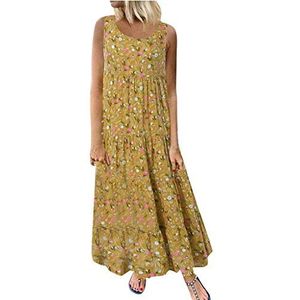 HaicoM Maxi-jurk, cocktailjurk, dames, dagelijkse maat, maxi-vrijetijdsjurk, lang, losse plus bloemenprint, mouwloos, damesjurk, vocantielijn, boho-jurk, zomer, casual jurken voor dames, Geel, 4XL