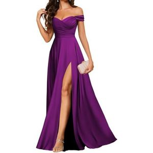 Prinses Bruidsmeisje Jurken Off Shoulder Prom Jurken Plooien Satijn Formele Avond Party Maxi Jurk met Split ZM277, Pruim, 42