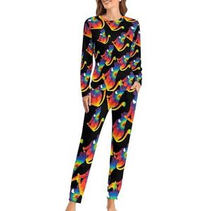 Tie Dye Kat met Hart Zachte Dames Pyjama Lange Mouw Warme Fit Pyjama Loungewear Sets met Zakken 3XL