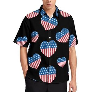 USA Amerika Retro Hart Vlag Zomer Heren Shirts Casual Korte Mouw Button Down Blouse Strand Top met Zak L
