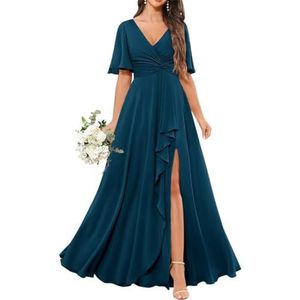 Chiffon bruidsmeisjesjurken voor dames, met spleetplooien, formele avondjurken, grote maten, Pauw, 32