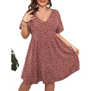 voor vrouwen jurk Plus dezesy bloemenprint jurk met knopen aan de voorkant (Color : Redwood, Size : 4XL)