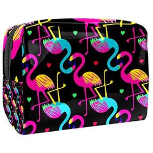 Draagbare Make-up Tas met Rits Reizen Toilettas voor Vrouwen Handige Opslag Cosmetische Pouch Flamingo Zwart Hart
