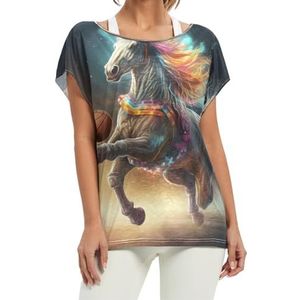 Star Unicorn Horse Damesshirt met korte vleermuismouwen en ronde hals, losse tops voor meisjes, Patroon, S