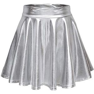 Dames Glanzende Metallisch Vloeibare Mini Rok Cosplay Elastisch Uitlopende Rokken(L, Zilver)