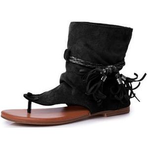 WOFANLULY Platte sandalen voor dames, flip-flop, imitatiesuède, kwastjes, instappers, zomer, outdoor, wandelsandalen, Zwart, 41 EU