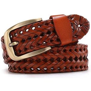 Mannen Echt Leer Gevlochten Riemen Singels Hand Vintage Riemen voor Mannen Gouden Pin Gesp Casual voor Jeans Riem, oranje, 115cm