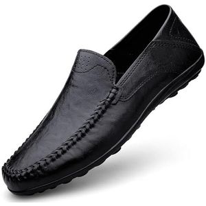 Heren Loafers Ronde Neus Kunstleer Effen Kleur Loafer Schoenen Lichtgewicht Bestand Platte Hak Wandelen Prom Slip On(Black,45 EU)