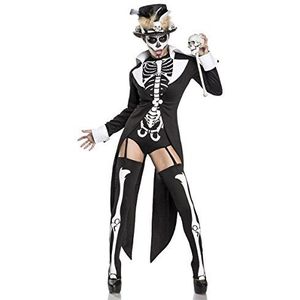 Voodoo priesterkostuum voor dames, fantasy-kostuum, skelet, bekleding van frack, body, cilinder en kousen, scepter in wit zwart doodskop botten XS