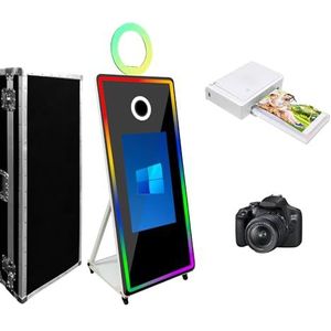 Magic Mirror Fotocabine met 32 inch touchscreen, spiegelfotocabine touchscreen met LED-frame en RGB-lichtring, 65 inch selfie-fotocabine voor verhuur van feestevenementen (65 inch, zwart, volledige