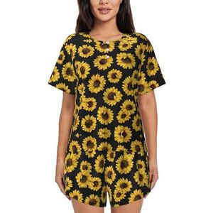 YQxwJL Gouden Zonnebloemen Print Vrouwen Pyjama Sets Shorts Korte Mouw Lounge Sets Nachtkleding Casual Pjs Met Zakken, Zwart, L