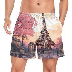 Romantische Eiffeltoren Roze Heren Zwembroek Shorts Sneldrogend met Zakken, Leuke mode, M