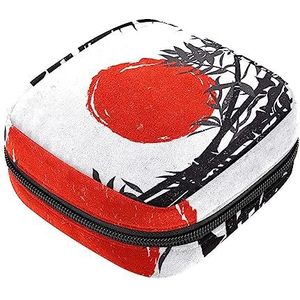 Maandverband Opbergtas, Vrouwelijke Product Pouches Draagbare Periode Kit Tas voor Meisjes Vrouwen Dames Bamboe Silhouet met Rode Zon, Meerkleurig, 4.7x6.6x6.6 in/12x17x17 cm
