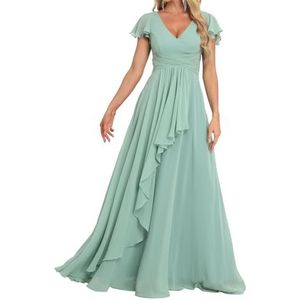 Prinses Bruidsmeisjes Jurken Flutter Mouw Galajurken Chiffon Formele Avondfeest Maxi Jurk met Split ZM189, Gras Groen, 32