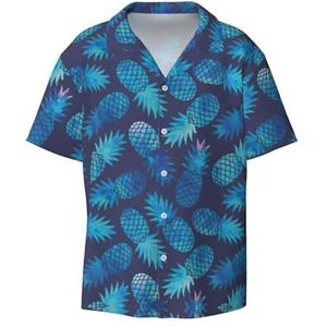 EdWal Blauwe Ananas Print Heren Korte Mouw Button Down Shirts Casual Losse Fit Zomer Strand Shirts Heren Jurk Shirts, Zwart, 3XL