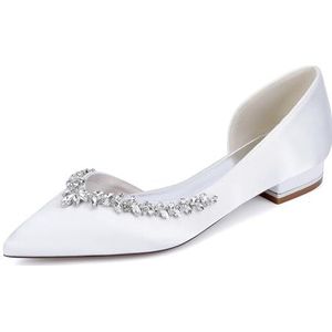 KYEGLO Satijnen Platte Damesschoenen Met Gesloten Neus - Puntige Instapschoenen Voor Bruidsmeisjes Met Strass-Steentjes Voor Feestjes, Bruiloften En Cadeaus Voor Vrouwen,Wit,36 EU