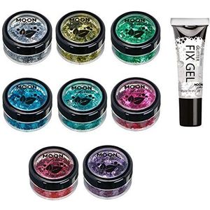 Moon Glitter Biologisch afbreekbare eco-glitter - 100% cosmetische biologische glitter voor gezicht, lichaam, nagels, haren en lippen - set van 6 à 3 g - plus glitterfixatiegel