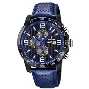 Festina Horloge Voor Heren F20339/4 The Originals Zwart Roestvrij Staal Case Blauw Lederen Band, blauw, Eén maat, armband