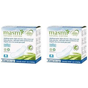 10 Masmi Ultra Dunne Organische Katoenen Nachtkussens met Vleugels Individueel Verpakt, Biologisch afbreekbaar, Parfum Viscose Rayon Chlorine Dioxine Gratis 10 per Box .