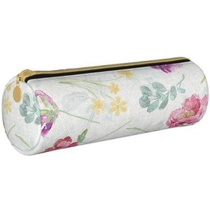 YWSOTRE Mooie Lente Verse Bloemen, Potlood Pouch Cilindrische Pen Case Draagbare Lederen Potlood Tas met Rits Cosmetische Pouch Bag, zoals afgebeeld, Eén maat, Tas Organizer