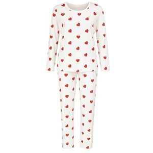 fashionshowcase Huispak damespyjama set met hartpatroon, lange mouwen, wit-rood, tweedelig, Wit met rode hartjes, 40