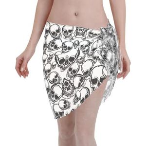 Zwart-wit schedels patroon print elegante strand wrap, bikini cover-up, badmode jurk, voor vrouwen, perfect voor zwembad en resort, Zwart, one size