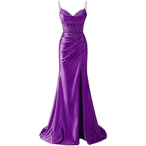 YIANN Satijnen baljurk met spaghettibandjes voor dames, met split, kant, applicatie, zeemeermin, lange baljurk, formele jurk, Paars, 32